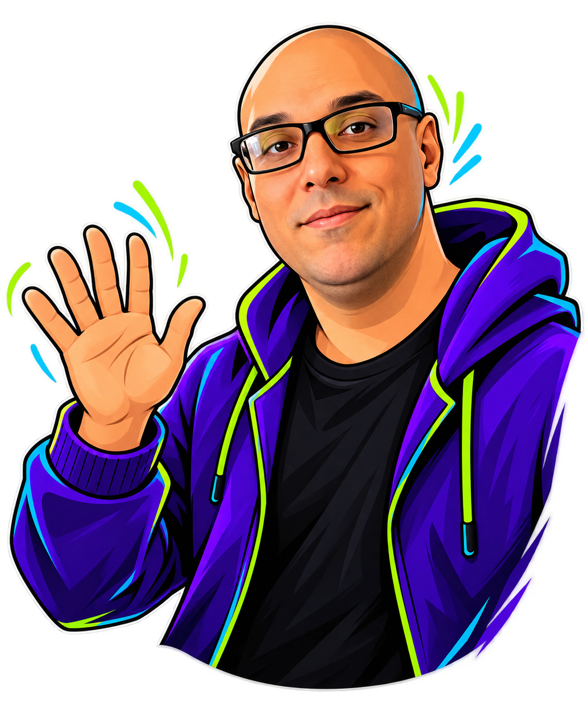 Avatar ilustrado de Marcelo Vitor Lima da Silva, sorrindo e acenando, com óculos pretos e jaqueta roxa